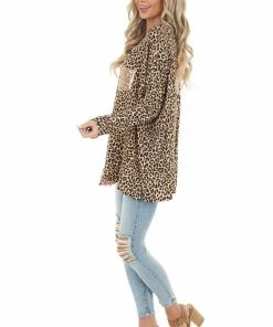 FSL APPAREL Beige Leopard Print Long Sleeve Top With Sequin Chest Pocket