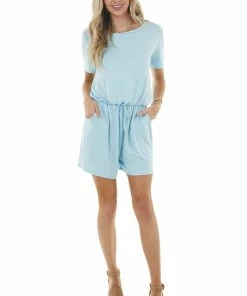 Lime 'N' Chili Dresses Baby Blue Short Sleeve Knit Romper With Elastic Waistband