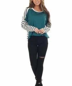 Lovely Melody Pine And Ivory Striped Long Sleeve Top With Solid Front