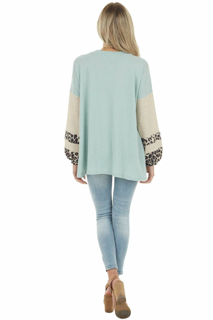 Lovely Melody Sage Waffle Knit Top With Oatmeal And Leopard Print Sleeves 12 Lovely Melody Sage Waffle Knit Top With Oatmeal And Leopard Print Sleeves