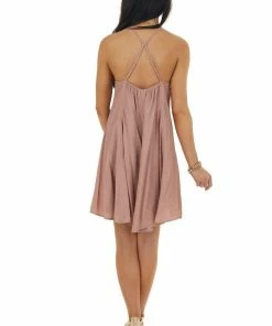 Entro Dusty Rose Large Pleat Sleeveless Cami Dress With V Neck Dresses