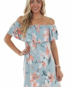 Sweet Lovely Sky Floral Off Shoulder Overlay Mini Dress Dresses