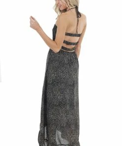 EPretty Black Abstract Print Open Back Dress With Ruffle Detail Dresses