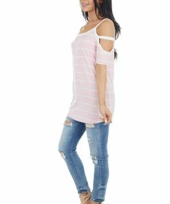 7th Ray Baby Pink And Ivory Striped Strappy Cold Shoulder Top Tops