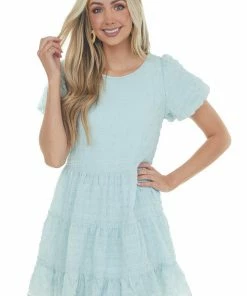 She + Sky Dresses Light Blue Textured Woven Short Drop Waist Tiered Dress