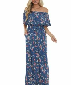 Celeste Design Navy Floral Print Ruffle Overlay Maxi Dress Dresses 14 Celeste Design Navy Floral Print Ruffle Overlay Maxi Dress Dresses
