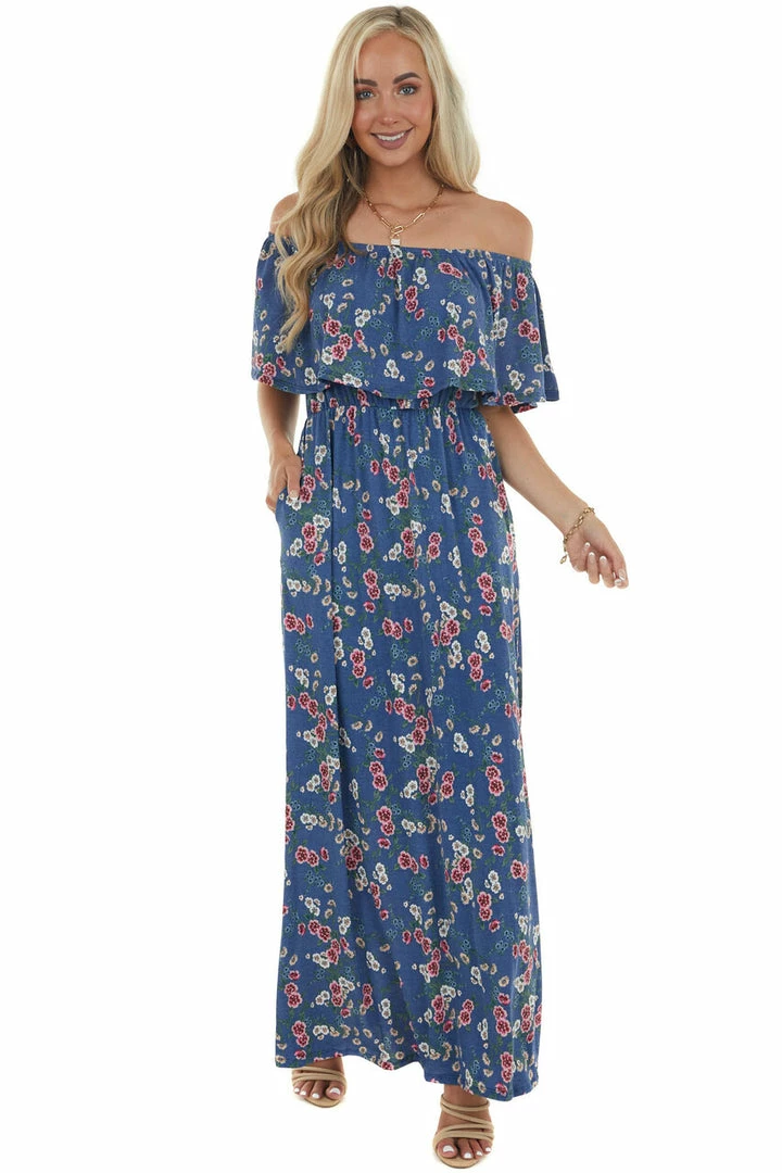 Celeste Design Navy Floral Print Ruffle Overlay Maxi Dress Dresses 7 Celeste Design Navy Floral Print Ruffle Overlay Maxi Dress Dresses