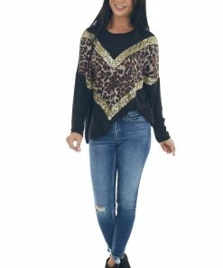 FSL APPAREL Black And Leopard Print Chevron Top With Gold Sequin Details
