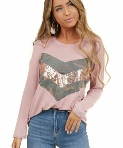 American Chic Dusty Blush Long Sleeve Top With Sequin And Camo Details