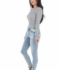 Wishlist Tops Dove Grey Ribbed Knit Bodysuit With Scalloped Neckline