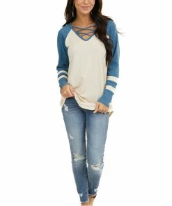 7th Ray Tops Cream Top With Ocean Waffle Knit Contrast Sleeves 27 7th Ray Tops Cream Top With Ocean Waffle Knit Contrast Sleeves