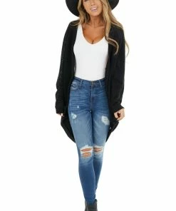 FSL APPAREL Black Waffle Knit Long Sleeve Cardigan With Cocoon Hem