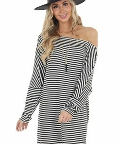 Peach Love Black And White Striped Boat Neckline Short Knit Dress Dresses