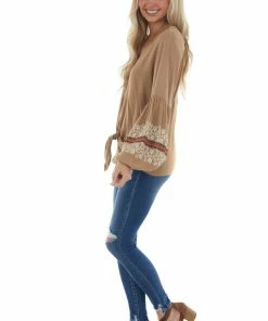 BiBi Peanut Printed Sleeve Top With Front Tie