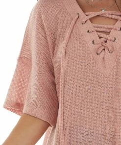 Ces Femme Coral Loose Knit Top With Lace Up V Neckline Tops 17 Ces Femme Coral Loose Knit Top With Lace Up V Neckline Tops