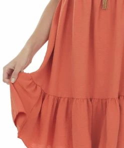 Ces Femme Dresses Rust Sleeveless Short Tiered Woven Dress