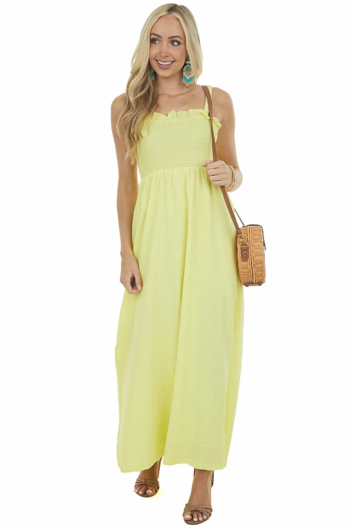 Davi & Dani Lemon Sleeveless Smocked Ruffle Maxi Dress 11 Davi & Dani Lemon Sleeveless Smocked Ruffle Maxi Dress