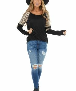 HEIMISH Black Stretchy Knit Top With Raglan Leopard Print Sleeves