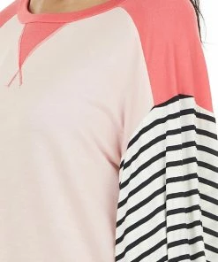 My Story Blush And Coral V Stitch Knit Top With Striped Puff Sleeves Tops
