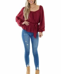Flying Tomato Wine Stripe Textured Long Sleeve Peplum Blouse