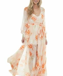 Bighit Fashion Light Peach Floral Print Long Sleeve Sheer Woven Maxi Dress Dresses 29 Bighit Fashion Light Peach Floral Print Long Sleeve Sheer Woven Maxi Dress Dresses