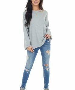 143 Story Heather Grey Waffle Knit Long Sleeve Top With Cold Shoulder Tops