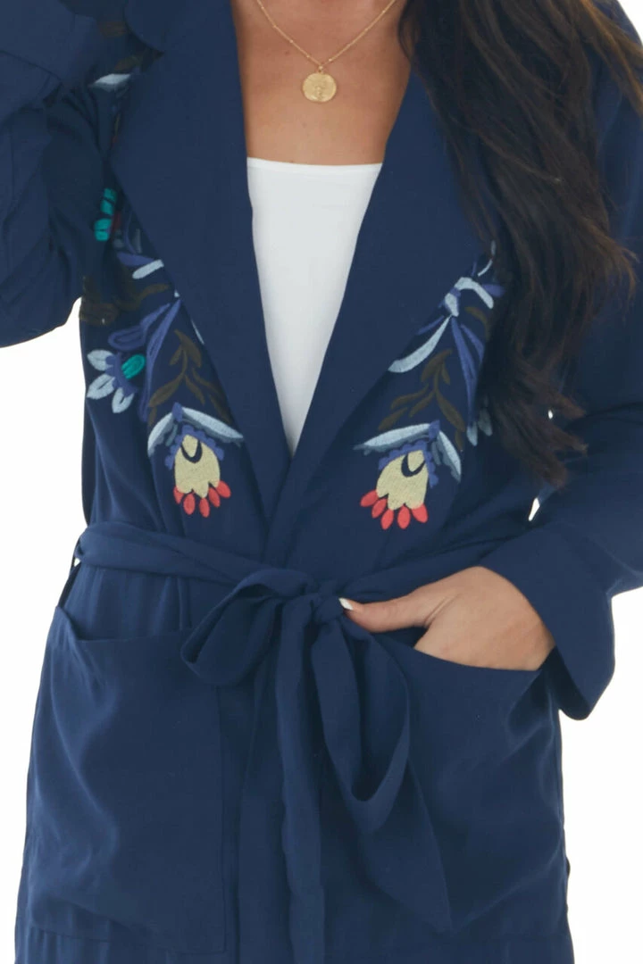 Davi & Dani Navy Floral Embroidered Open Midi Jacket Outerwear 13 Davi & Dani Navy Floral Embroidered Open Midi Jacket Outerwear