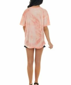 Davi & Dani Tops Coral Tie Dye Lace Up V Neck Short Sleeve Tee