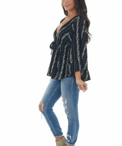 ANGIE Black Floral Print Drop Waist Top With Tie Tops 16 ANGIE Black Floral Print Drop Waist Top With Tie Tops