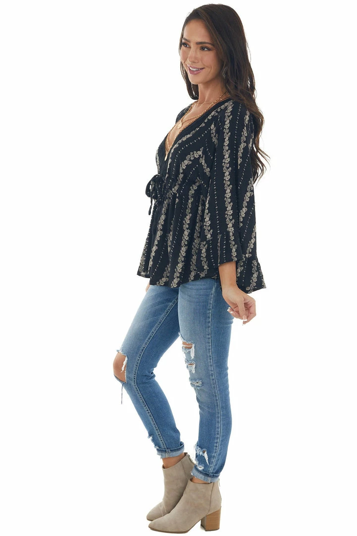 ANGIE Black Floral Print Drop Waist Top With Tie Tops 9 ANGIE Black Floral Print Drop Waist Top With Tie Tops