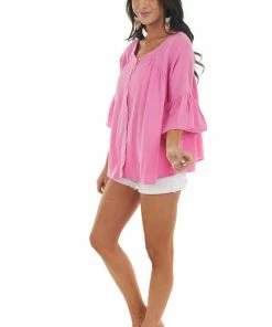 Davi & Dani Thulian Pink Button Down Flare Sleeve Blouse