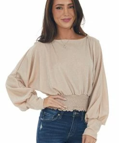 143 Story Tops Champagne Glitter Smocked Waist Boat Neck Top 26 143 Story Tops Champagne Glitter Smocked Waist Boat Neck Top