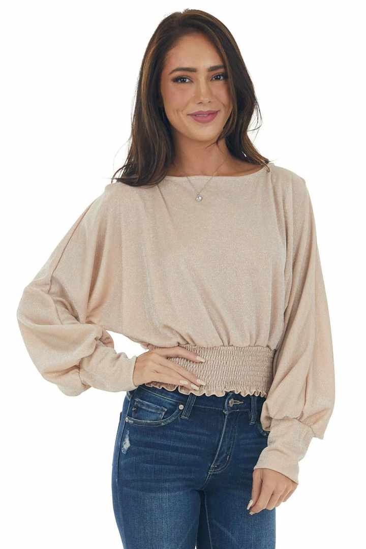 143 Story Tops Champagne Glitter Smocked Waist Boat Neck Top 11 143 Story Tops Champagne Glitter Smocked Waist Boat Neck Top