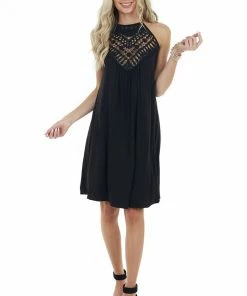 CY Fashion Onyx Black Short Dress With Lace Front And Keyhole Back Dresses
