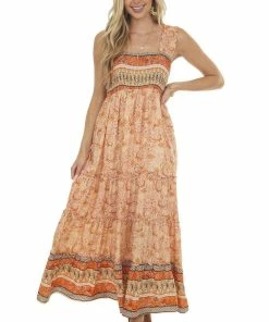 Davi & Dani Peach Printed Sleeveless Smocked Maxi Dress