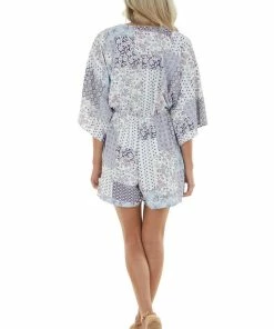 143 Story Dresses Powder Blue Multi Print Kimono Sleeve Romper