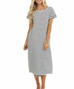 Umgee Off White And Navy Striped Dress With Side Pocket Details