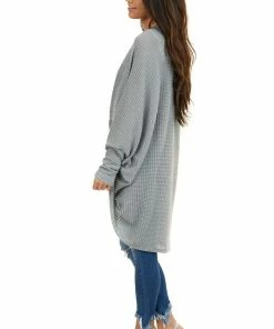 FSL APPAREL Stone Grey Waffle Knit 3-4 Sleeve Cardigan With Cocoon Hem Outerwear