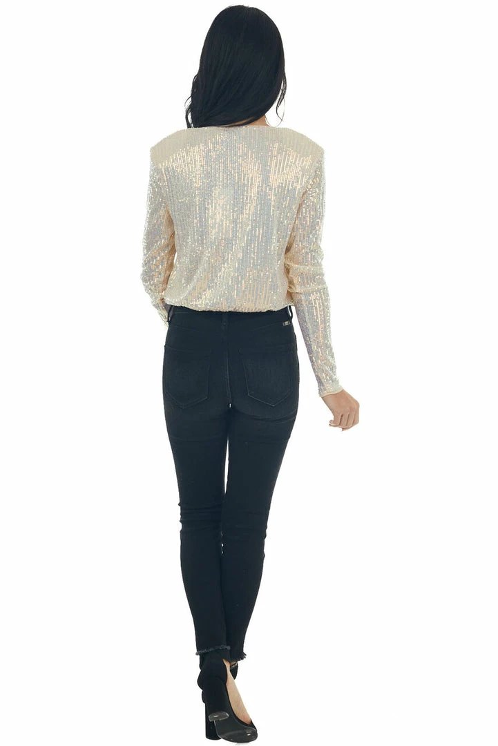 Lush Clothing Champagne Sequined Bodysuit With Shoulder Pads 7 Lush Clothing Champagne Sequined Bodysuit With Shoulder Pads
