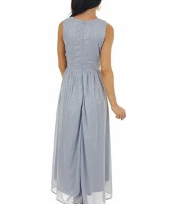 Entro Dusty Blue Glitter Sleeveless Midi Woven Dress With Cut Out