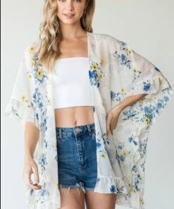 CY Fashion Coconut Floral Print Ruffle Trim Kimono