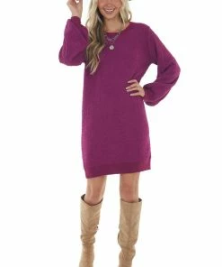 Umgee Deep Fuchsia Long Sleeve Short Sweater Dress