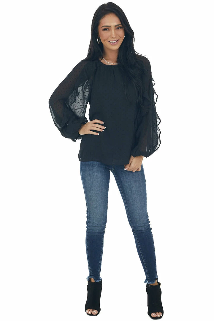 Flying Tomato Tops Black Swiss Dot Peasant Sleeve Woven Blouse 12 Flying Tomato Tops Black Swiss Dot Peasant Sleeve Woven Blouse