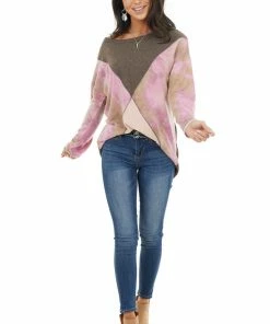 BiBi Tops Taupe And Blush Colorblock Long Sleeve Top With Tie Dye 28 BiBi Tops Taupe And Blush Colorblock Long Sleeve Top With Tie Dye