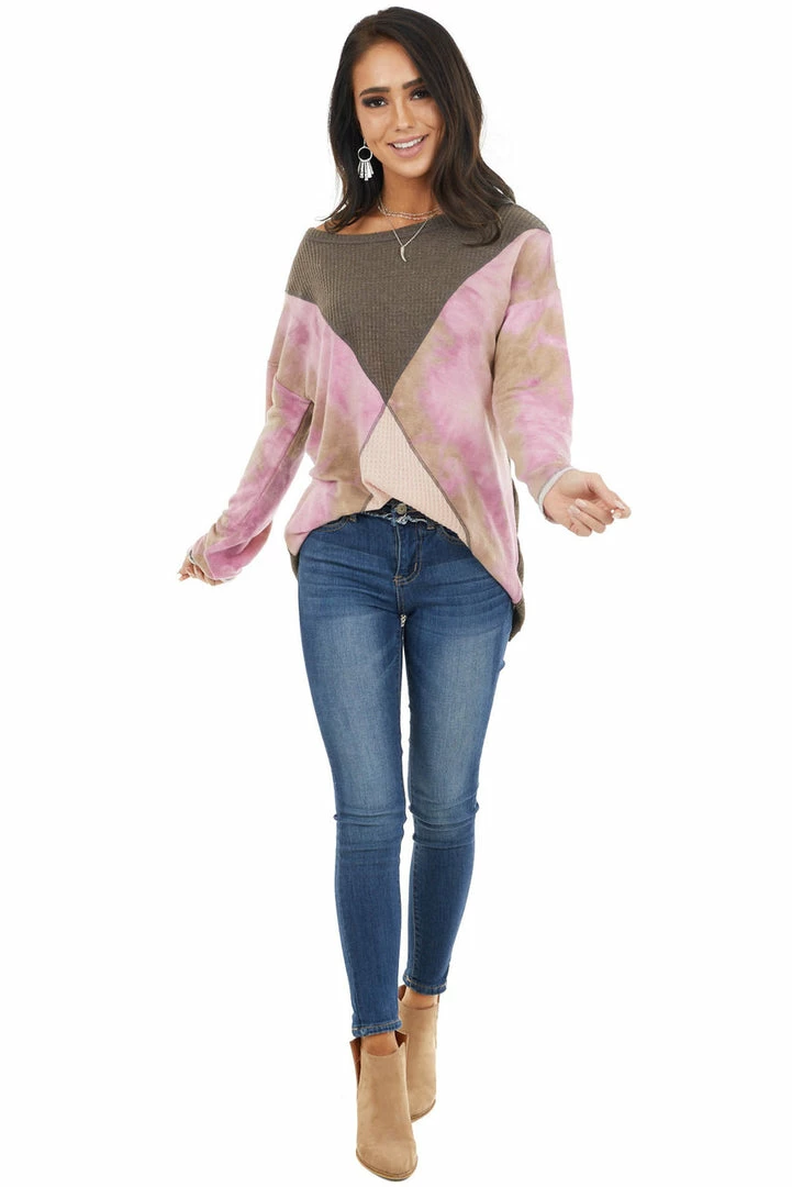 BiBi Tops Taupe And Blush Colorblock Long Sleeve Top With Tie Dye 13 BiBi Tops Taupe And Blush Colorblock Long Sleeve Top With Tie Dye