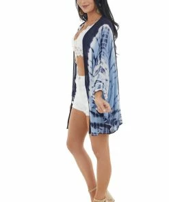 ANGIE Navy Tie Dye Print Open Front Kimono With Rounded Hem