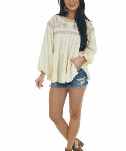 Entro Rich Champagne Embroidered Yoke Swiss Dot Top Tops