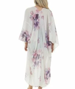 Trend Notes Ivory Large Floral Print Open Front Woven Duster Kimono