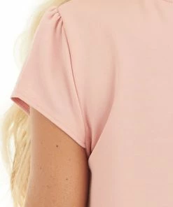 LE LIS Blush Pink Short Sleeve Knit Top With V Neckline