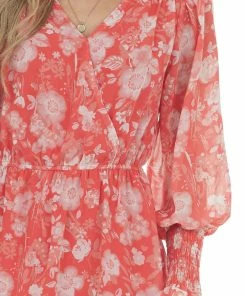 Peach Love Scarlet Floral Surplice Puff Sleeve Mini Dress Dresses 26 Peach Love Scarlet Floral Surplice Puff Sleeve Mini Dress Dresses